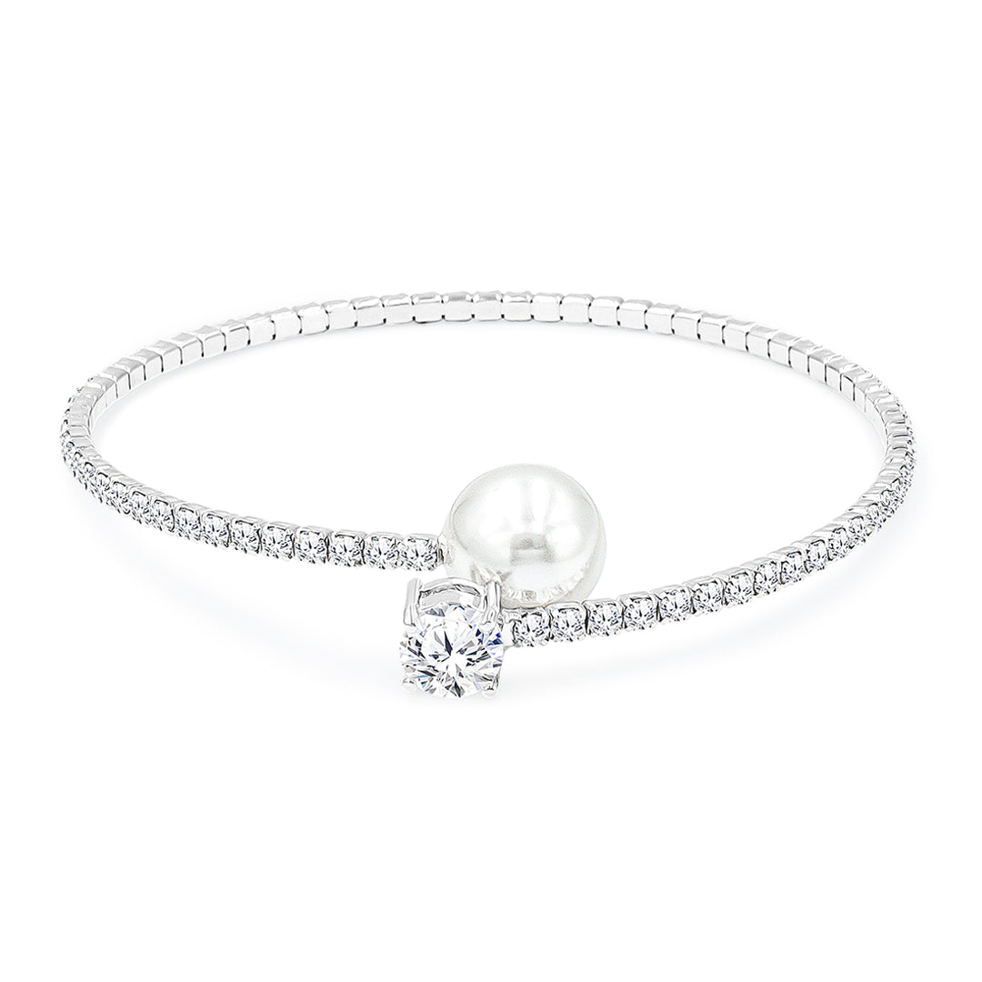 SO SEOUL Everleigh Petite Spiral Bangle with White Pearl and Diamond Simulant Zirconia in Round/Heart/Flower Shapes - Adjustable Spring Design