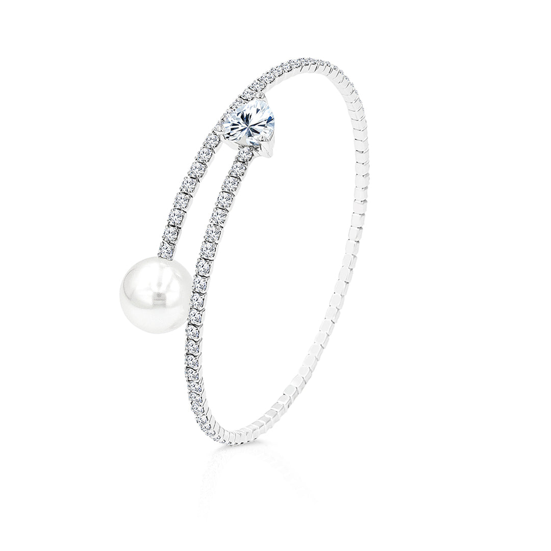 SO SEOUL Everleigh Petite Spiral Bangle with White Pearl and Diamond Simulant Zirconia in Round/Heart/Flower Shapes - Adjustable Spring Design