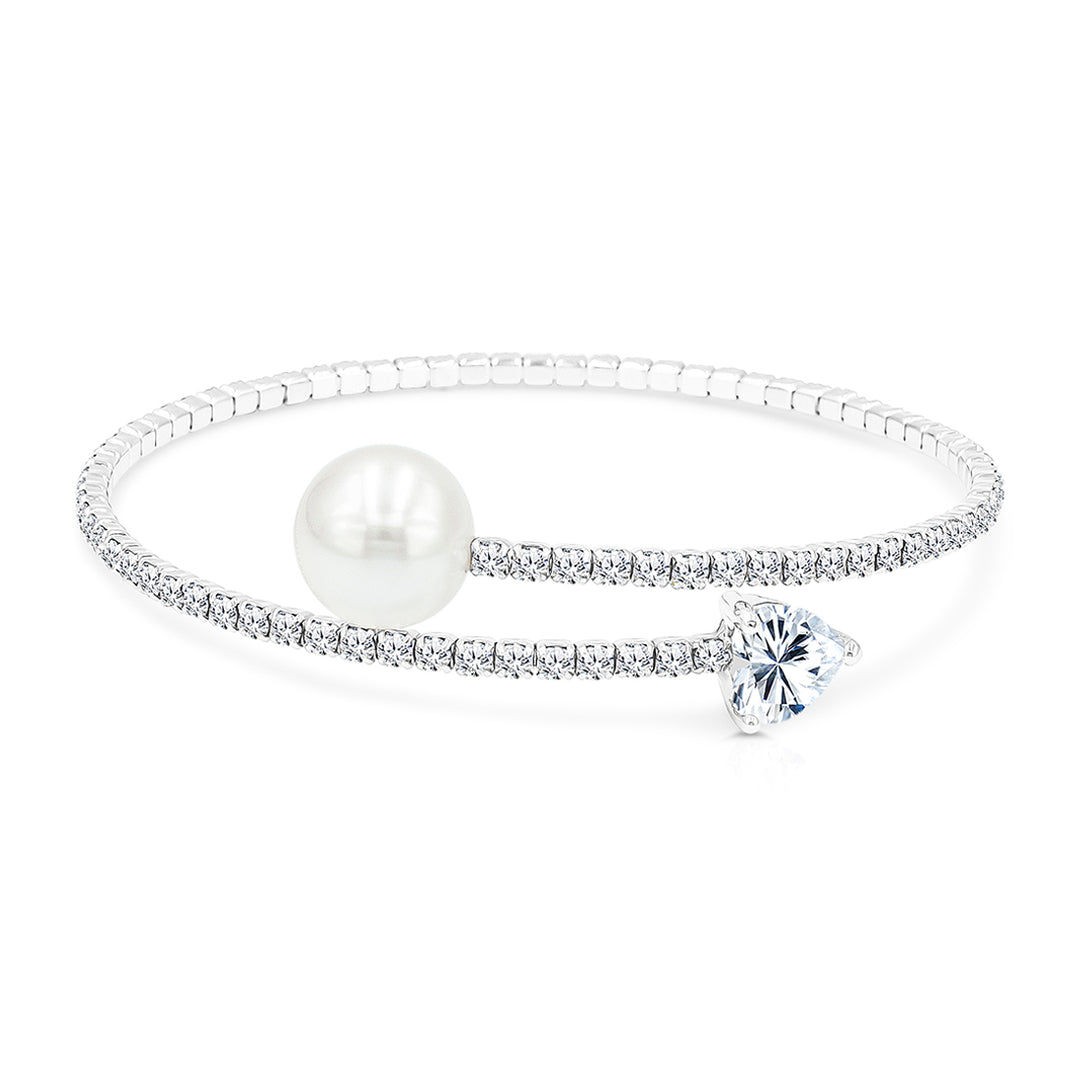 SO SEOUL Everleigh Petite Spiral Bangle with White Pearl and Diamond Simulant Zirconia in Round/Heart/Flower Shapes - Adjustable Spring Design