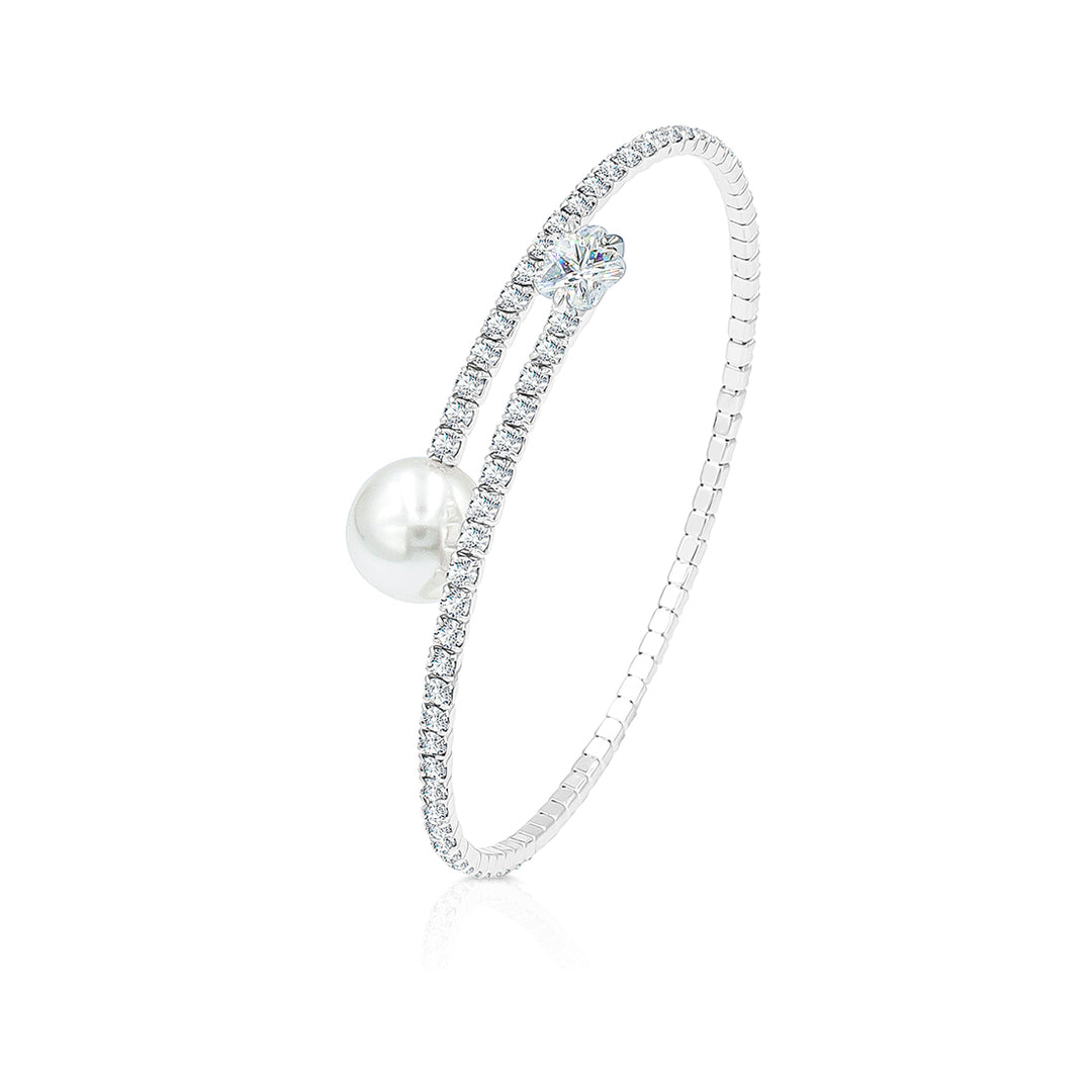 SO SEOUL Everleigh Petite Spiral Bangle with White Pearl and Diamond Simulant Zirconia in Round/Heart/Flower Shapes - Adjustable Spring Design