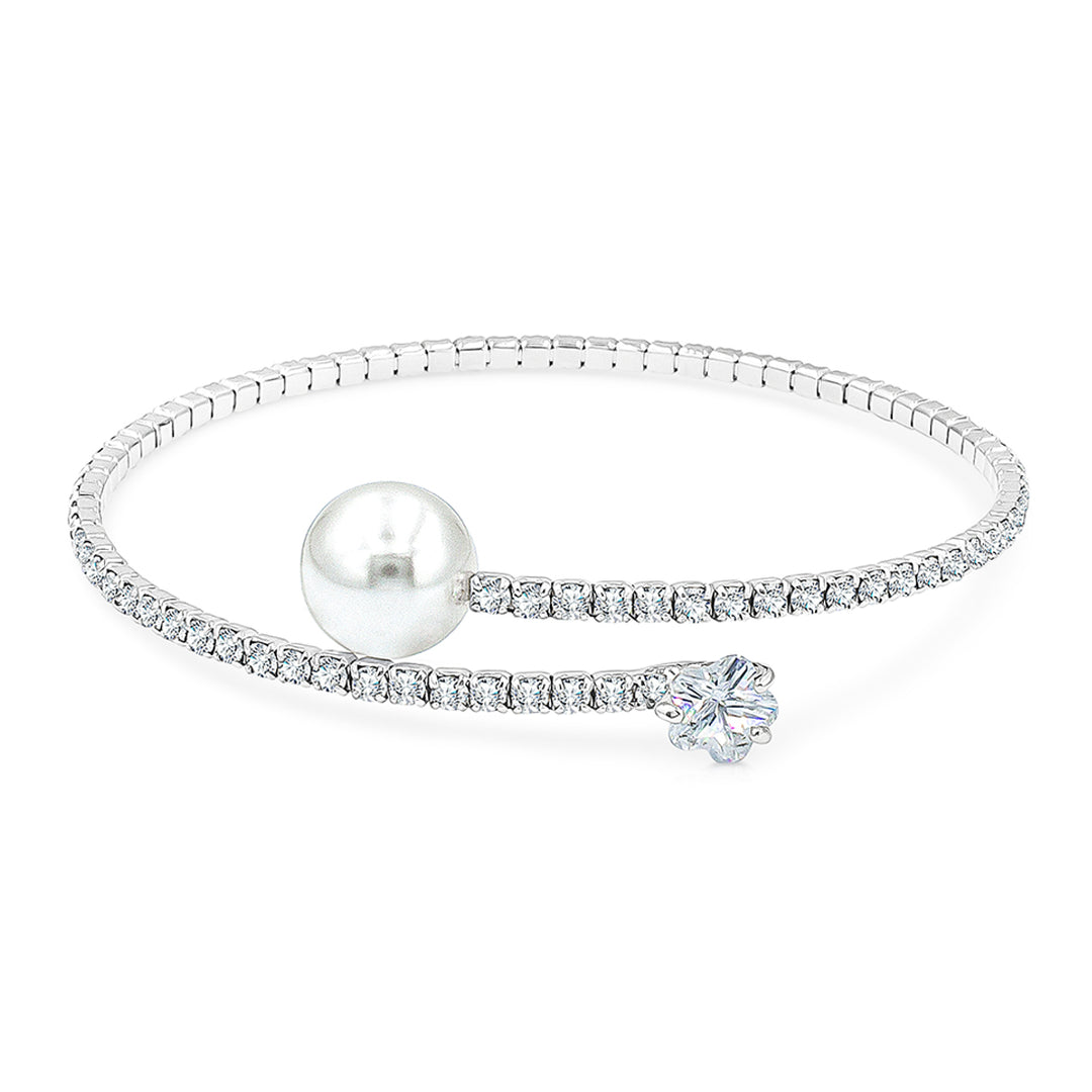 SO SEOUL Everleigh Petite Spiral Bangle with White Pearl and Diamond Simulant Zirconia in Round/Heart/Flower Shapes - Adjustable Spring Design