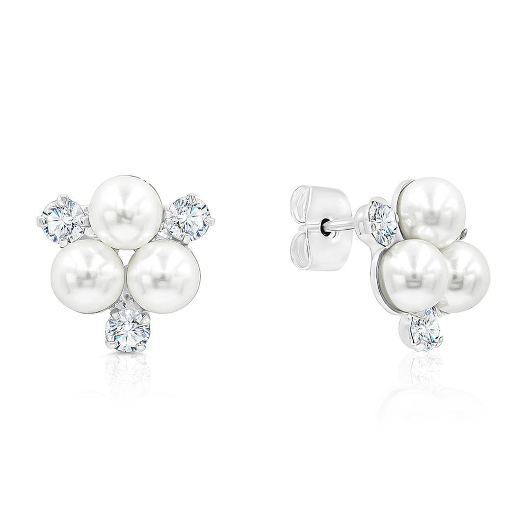 SO SEOUL Quinn White Pearl and Diamond Simulant Triple Round Cubic Zirconia Stud Earrings