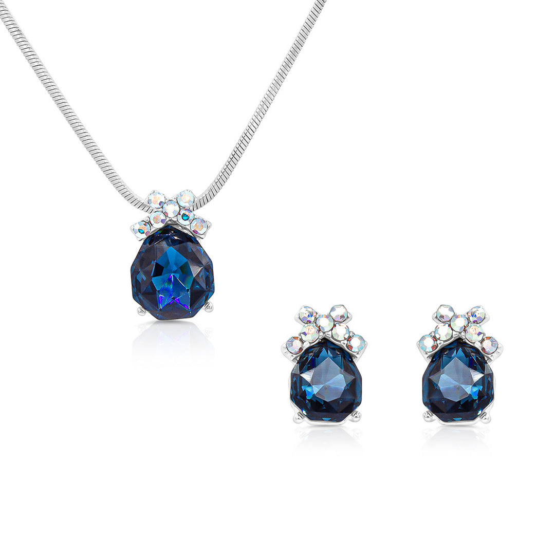 SO SEOUL Graceful Bow Silver Night and Montana Swarovski® Crystal Pendant Necklace & Stud Earrings Set