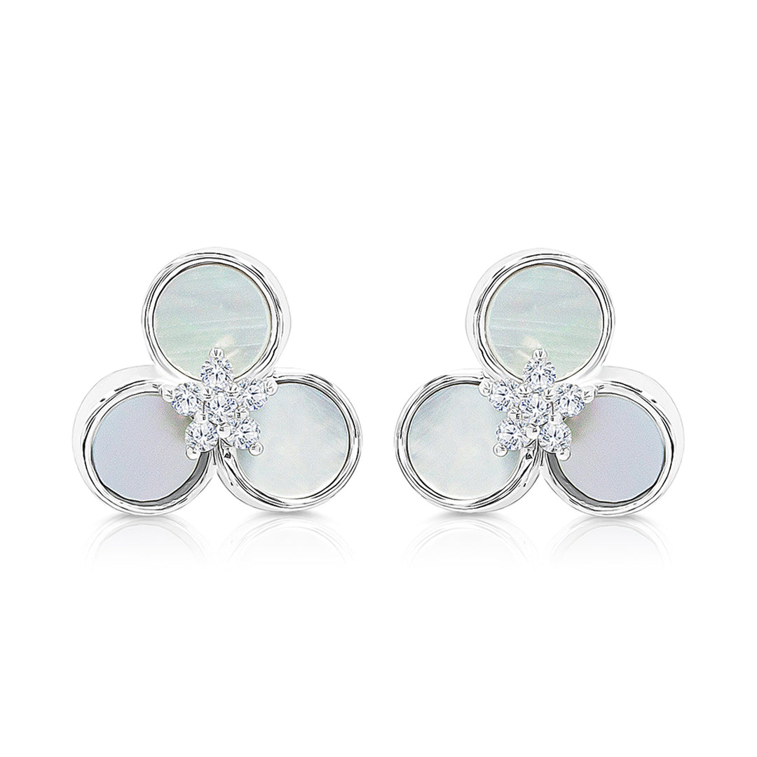 SO SEOUL Claire Mother of Pearl Three Flower Petal Diamond Simulant Stud Earrings