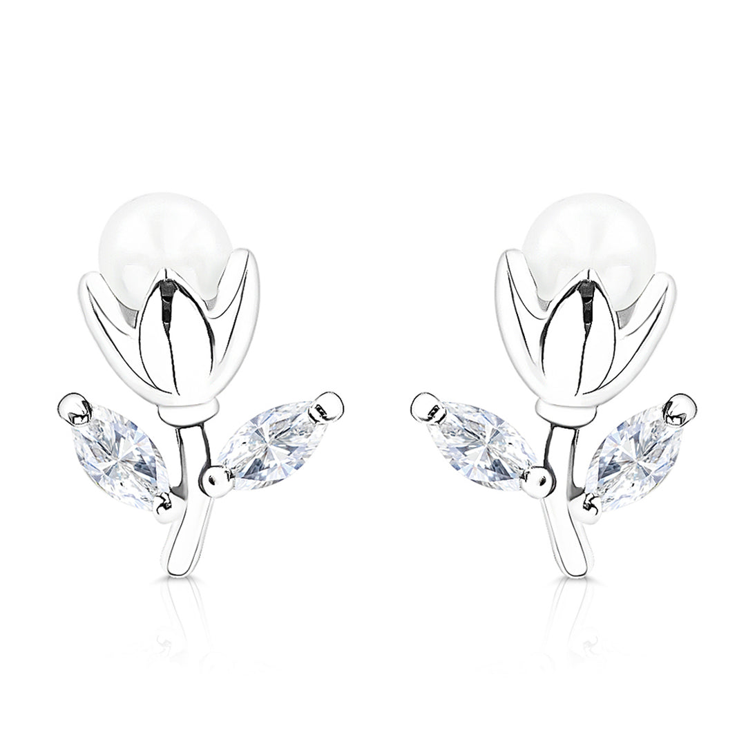 SO SEOUL Leilani Rosebud in Pearl with Marquise Leaf Diamond Simulant Stud Earrings