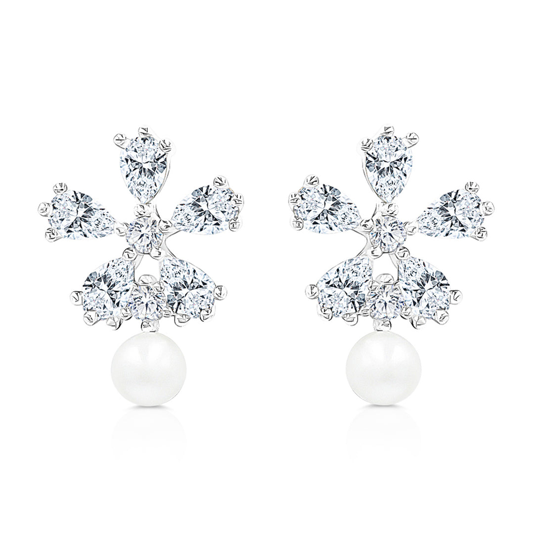SO SEOUL Leilani Flower Featuring a Bottom Pearl Diamond Simulant Cubic Stud Earrings
