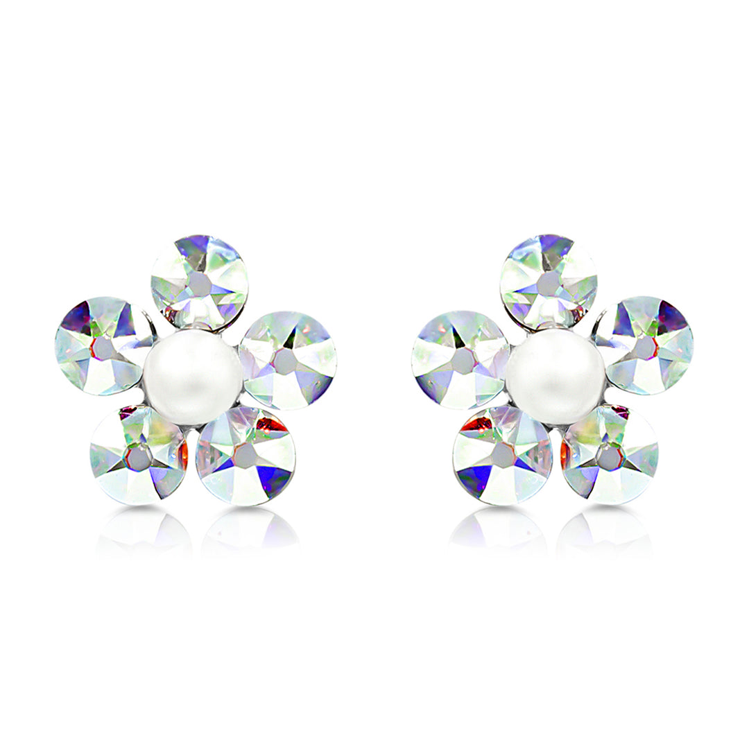 SO SEOUL Leilani Flower Aurore Boreale Swarovski Crystal Flower Stud Earrings Pearl Titanium Rhodium