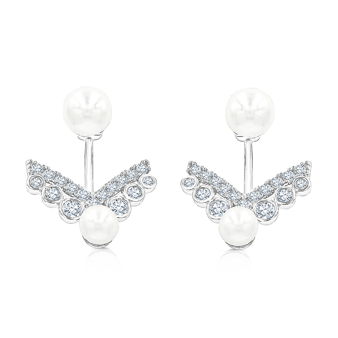 SO SEOUL Valeria Pearl Ear Jacket Earrings with Diamond Simulant Crystals Titanium Post Rhodium