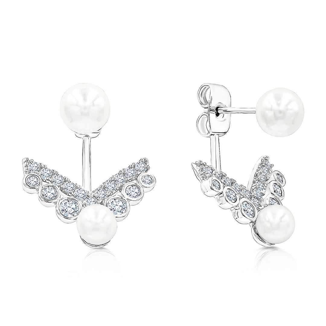 SO SEOUL Valeria Pearl Ear Jacket Earrings with Diamond Simulant Crystals Titanium Post Rhodium