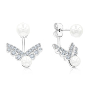 SO SEOUL Valeria Pearl Ear Jacket Earrings with Diamond Simulant Crystals Titanium Post Rhodium