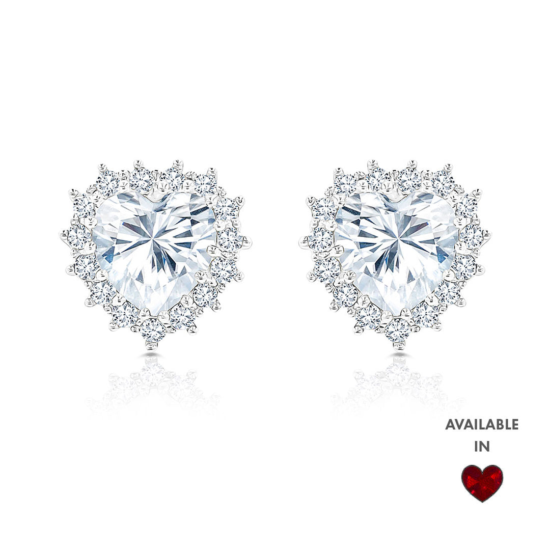 SO SEOUL Amora Elegant Heart Halo Earrings Red or White Diamond Simulant Rhodium Titanium Studs