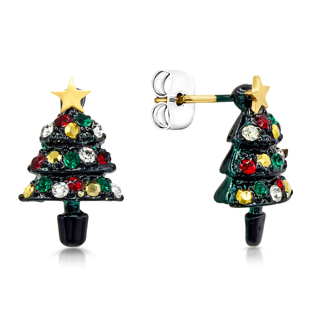SO SEOUL Noel Festive Christmas Tree Stud Earrings Austrian Crystal Titanium Post Perfect Gift