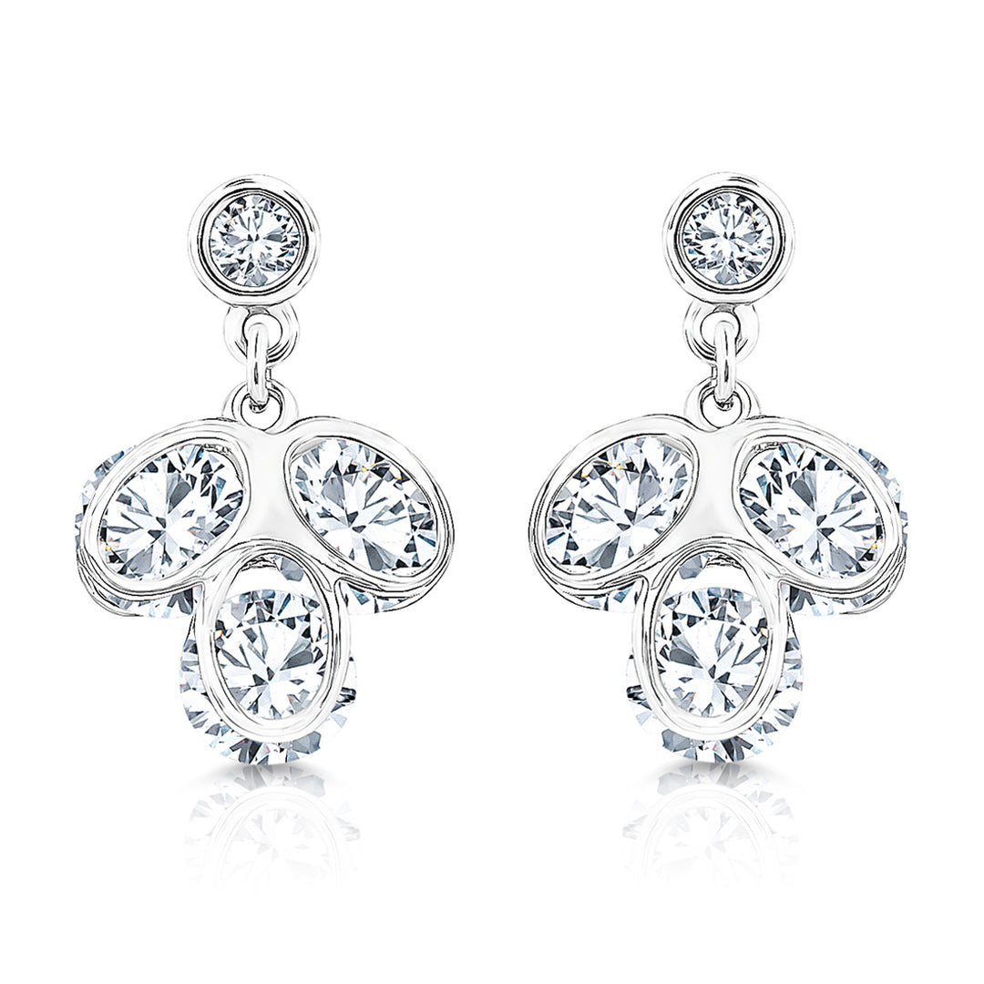 SO SEOUL Glimmering Diamond Simulant Drop Earrings Floral Cluster Design Titanium Post Rhodium Plated