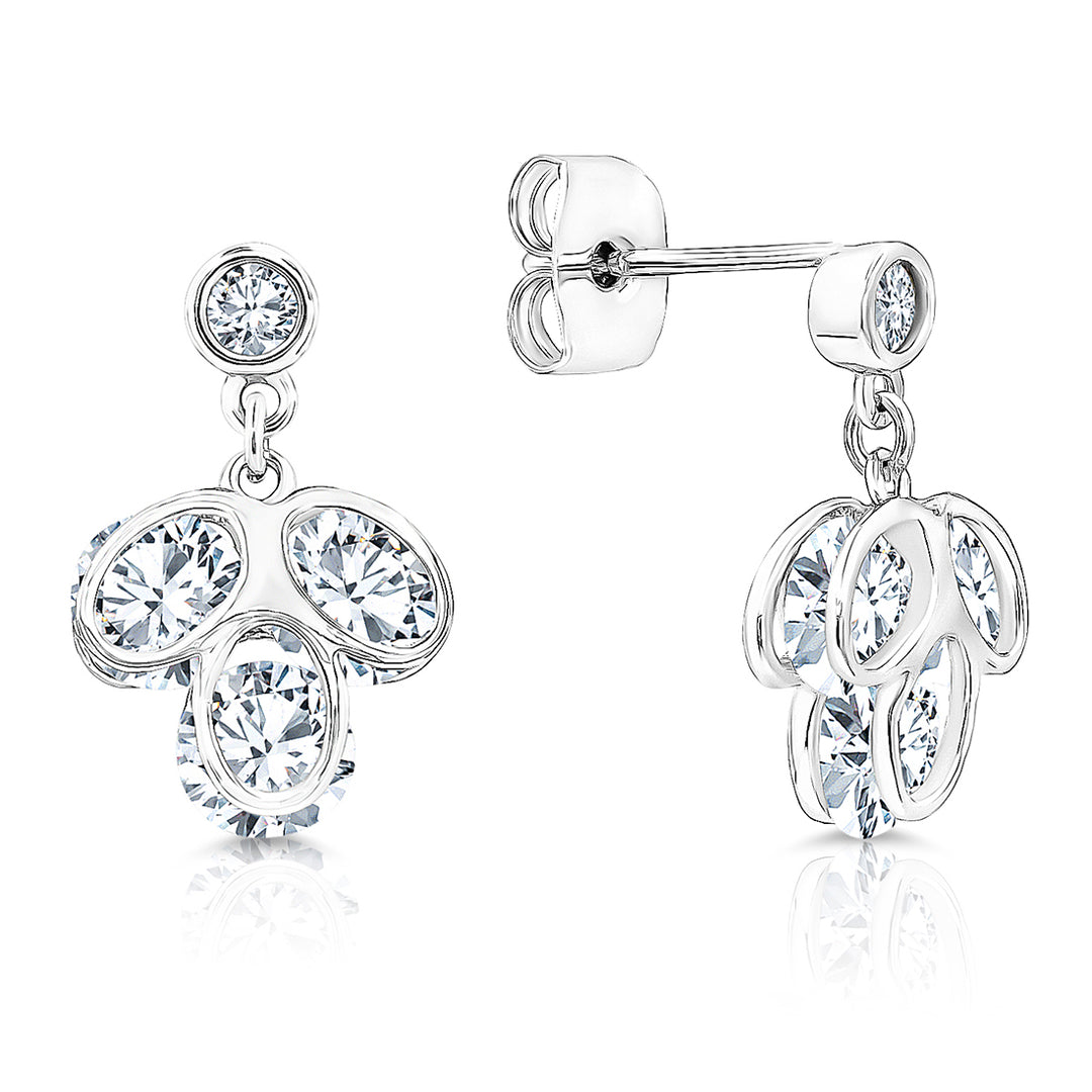 SO SEOUL Glimmering Diamond Simulant Drop Earrings Floral Cluster Design Titanium Post Rhodium Plated