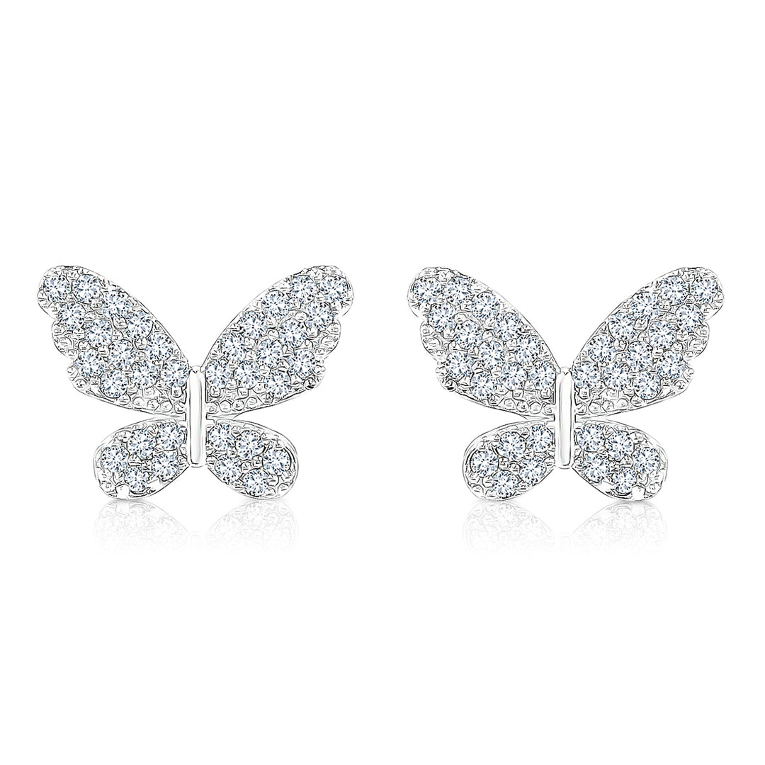 SO SEOUL Everleigh Butterfly Stud Earrings with Diamond Simulant Titanium Post Rhodium Plated