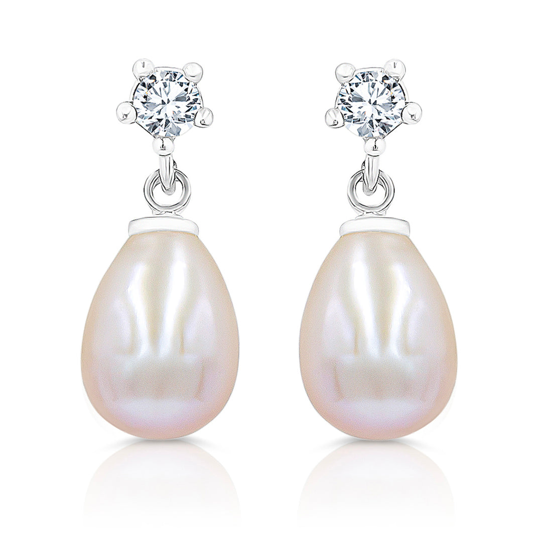 SO SEOUL Lucia Freshwater Pearl Drop Earrings with Diamond Simulant Titanium Post Rhodium Plated