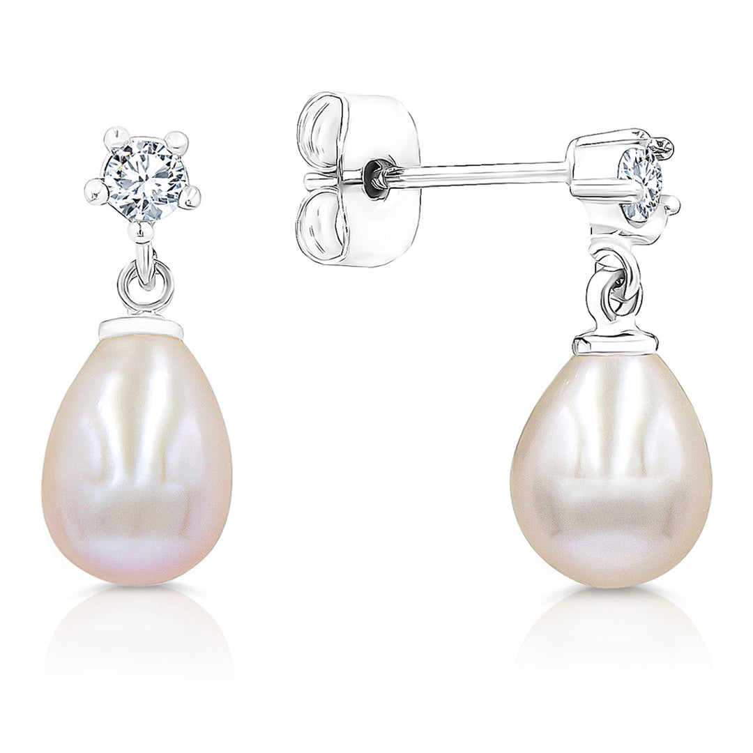 SO SEOUL Lucia Freshwater Pearl Drop Earrings with Diamond Simulant Titanium Post Rhodium Plated