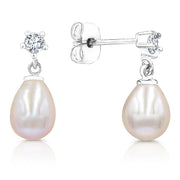 SO SEOUL Lucia Freshwater Pearl Drop Earrings with Diamond Simulant Titanium Post Rhodium Plated