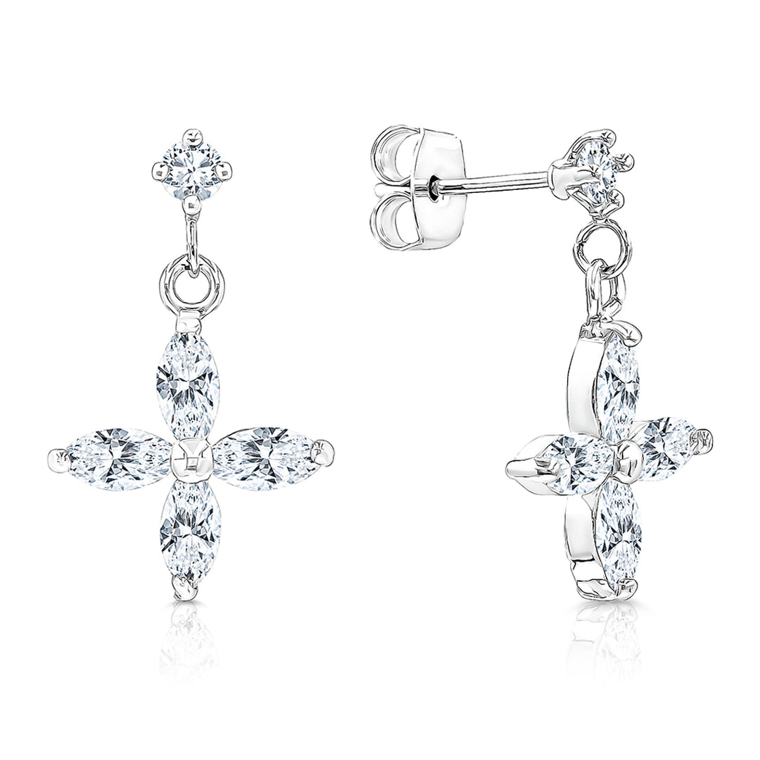 SO SEOUL Calista Four Leaf Clover Inspired Earrings Diamond Simulant Drop Rhodium Titanium