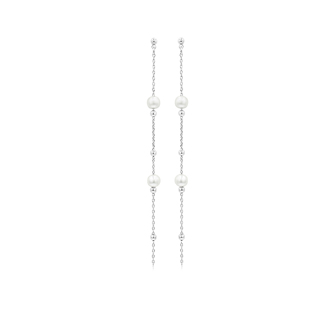 SO SEOUL Celeste Long Pearl Drop Earrings with Simulated Pearls Elegant Chain Dangle Rhodium Plated