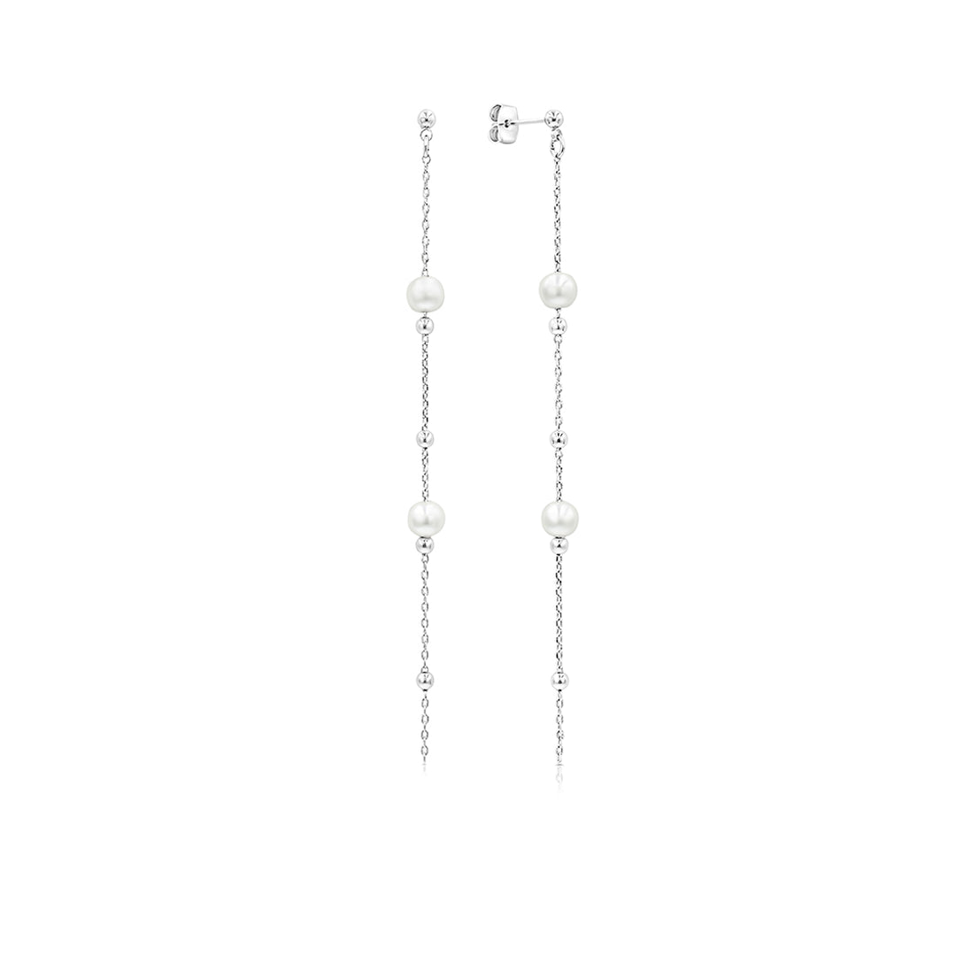 SO SEOUL Celeste Long Pearl Drop Earrings with Simulated Pearls Elegant Chain Dangle Rhodium Plated