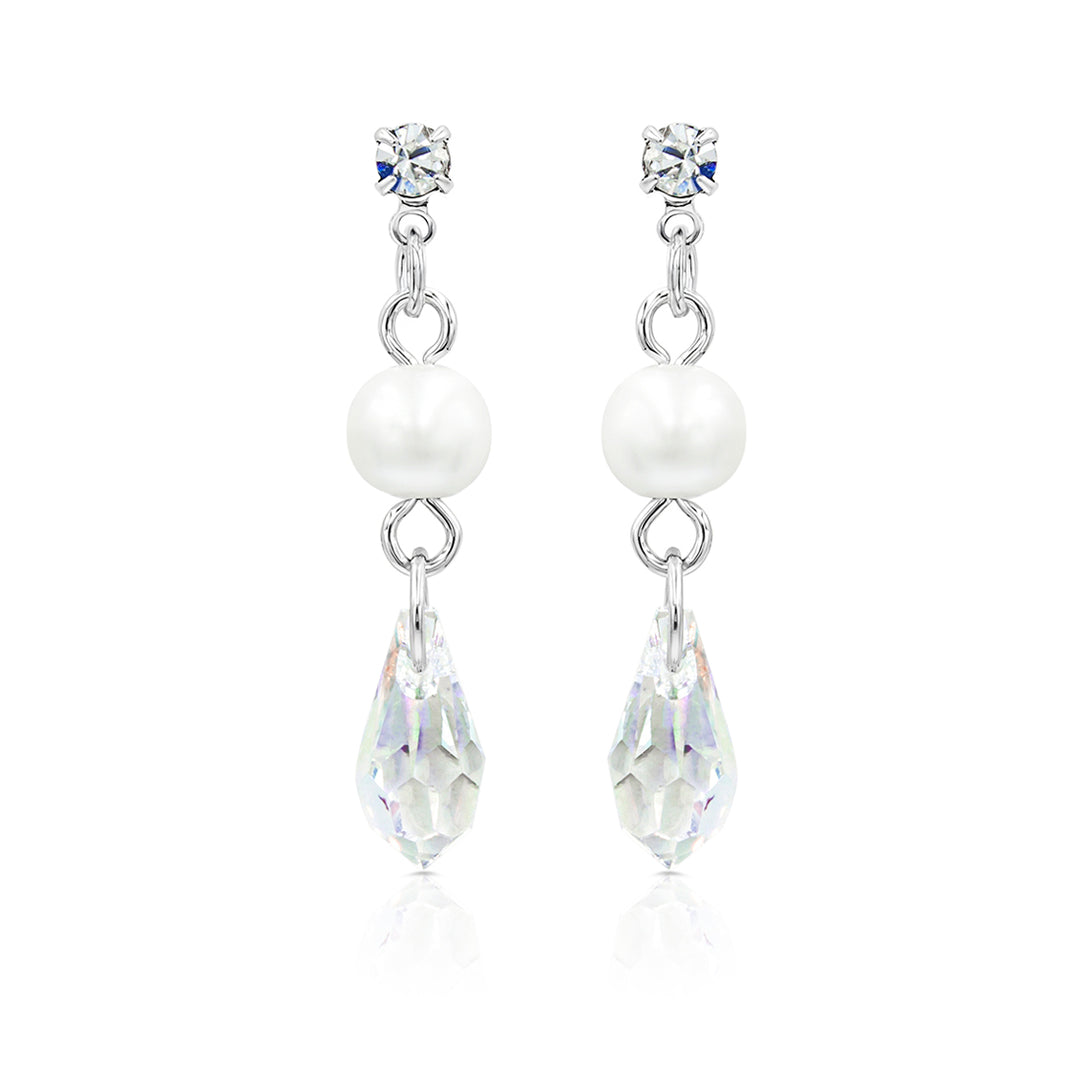 SO SEOUL Ghent Swarovski Crystal Drop Earrings with Simulated Pearl Titanium Post Rhodium Plated