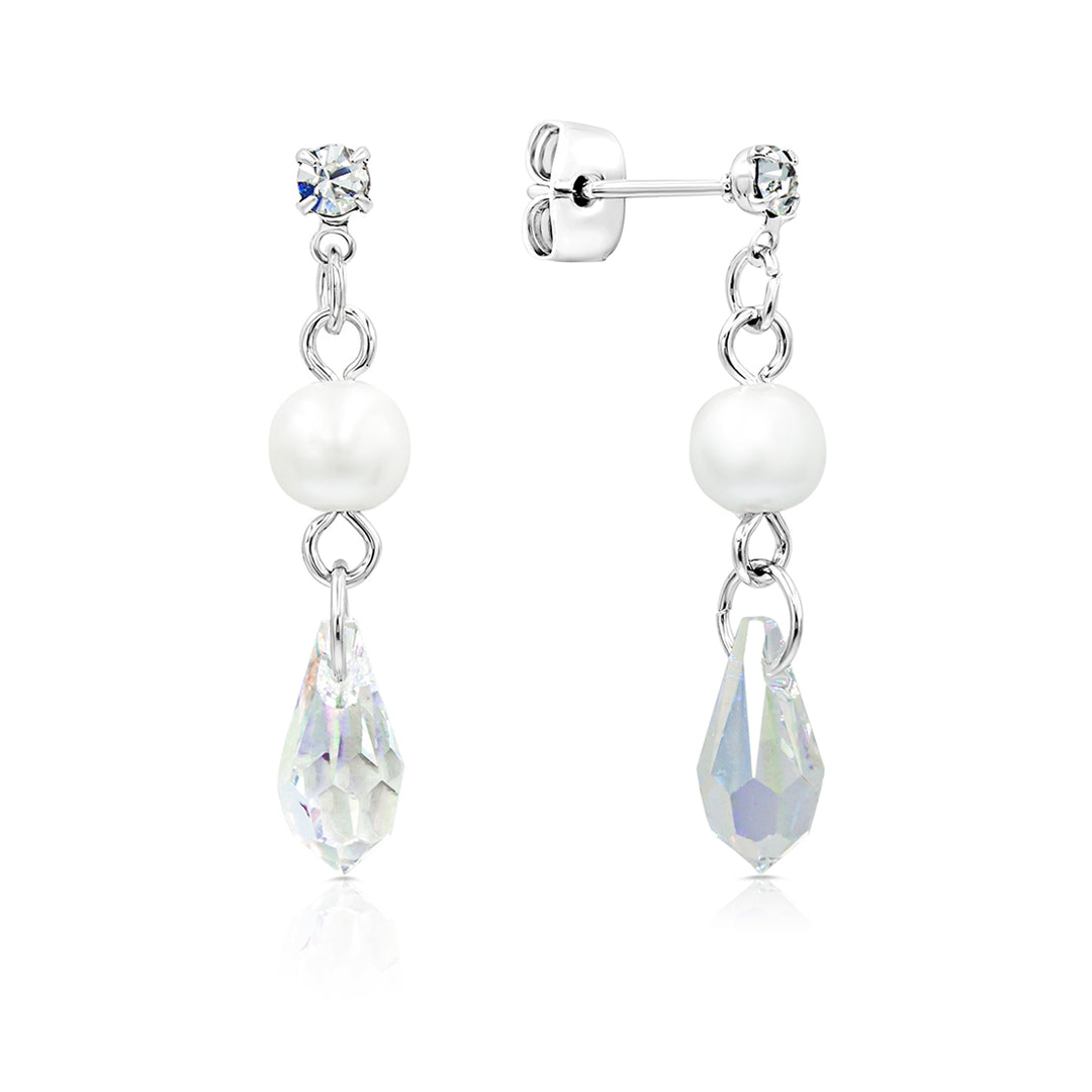 SO SEOUL Ghent Swarovski Crystal Drop Earrings with Simulated Pearl Titanium Post Rhodium Plated