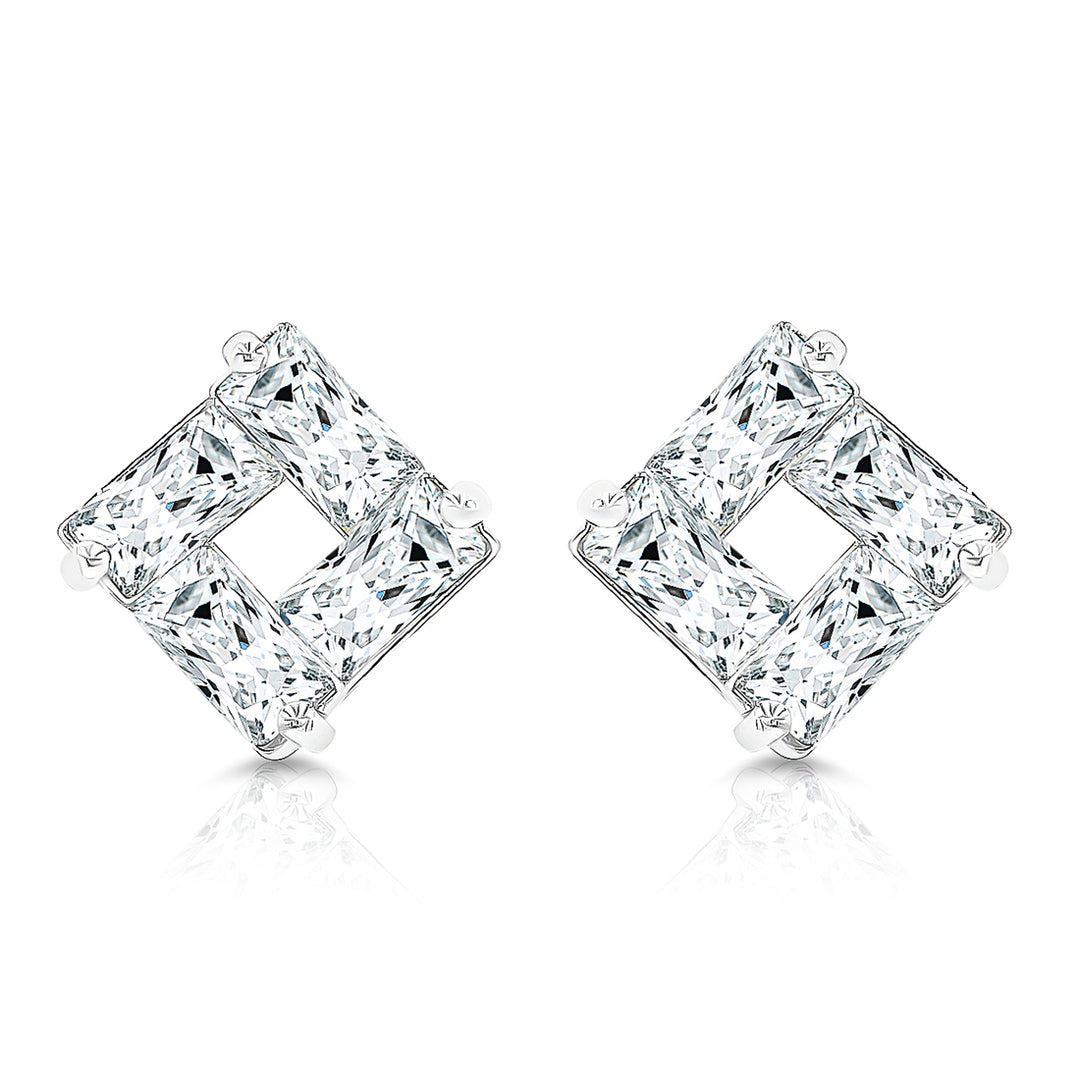 SO SEOUL Gleam Sparkle Geometric Stud Earrings with Diamond Simulant Square Design Rhodium Plated Titanium