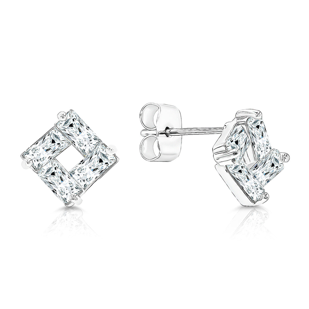 SO SEOUL Gleam Sparkle Geometric Stud Earrings with Diamond Simulant Square Design Rhodium Plated Titanium