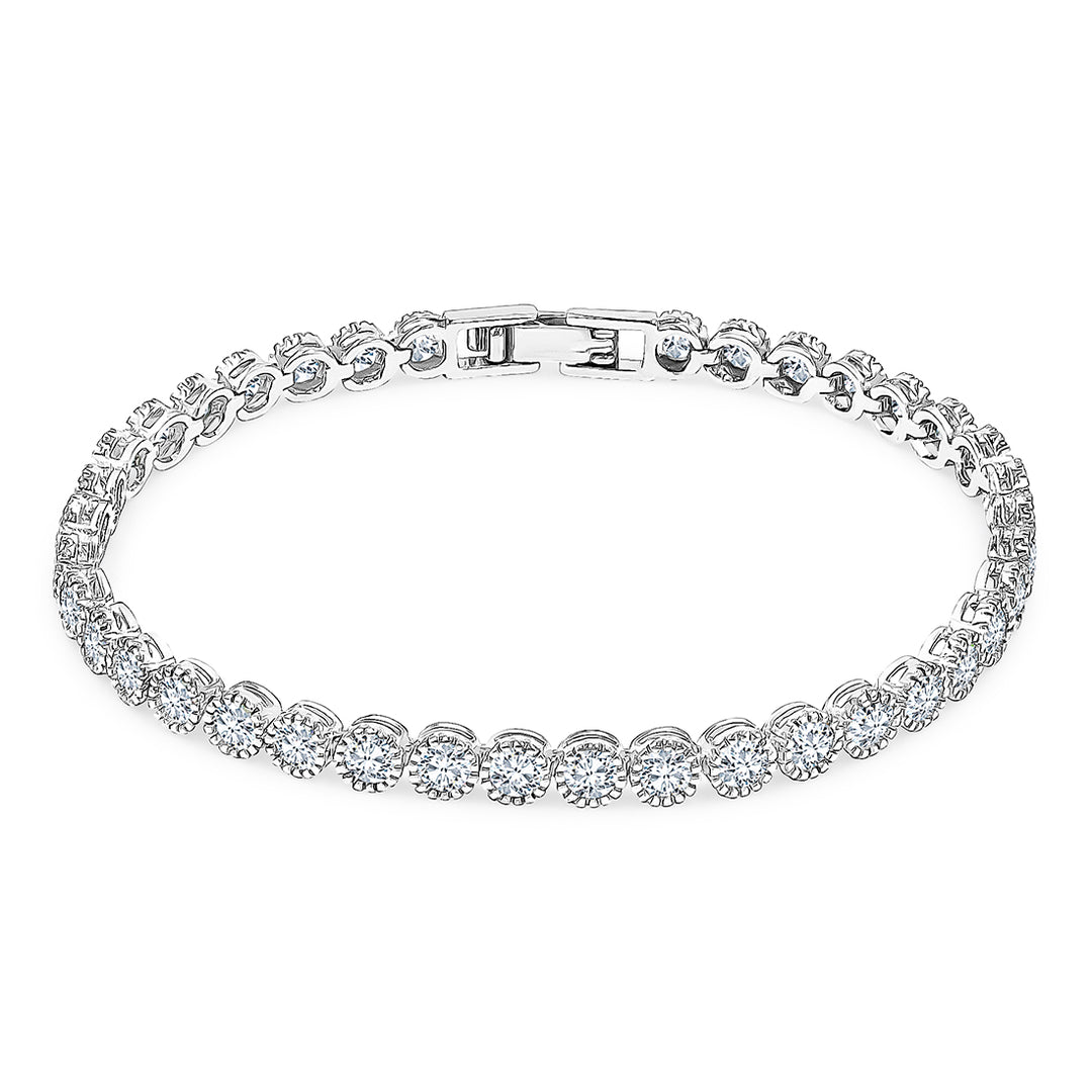 SO SEOUL Lustrous Glamour Classic Tennis Bracelet with Diamond Simulant Round Cut Stones Rhodium Plated