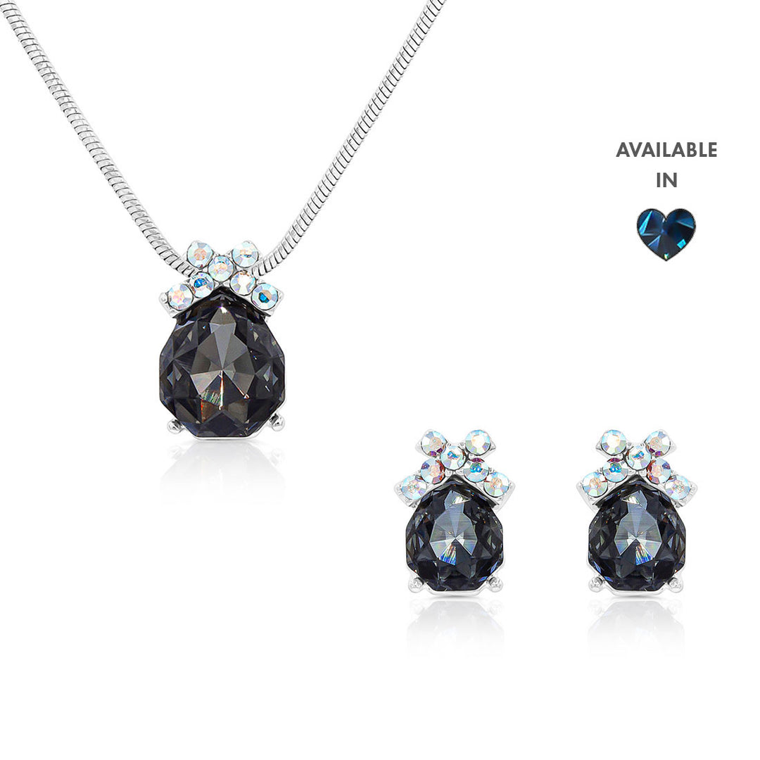 SO SEOUL Graceful Bow Silver Night and Montana Swarovski® Crystal Pendant Necklace & Stud Earrings Set