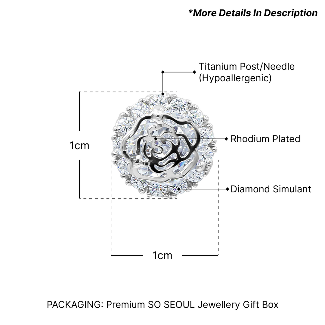 SO SEOUL Camellia Rose Flower Encrusted Solitaire Brilliant Cut Diamond Simulant Cubic Zirconia Stud Earrings