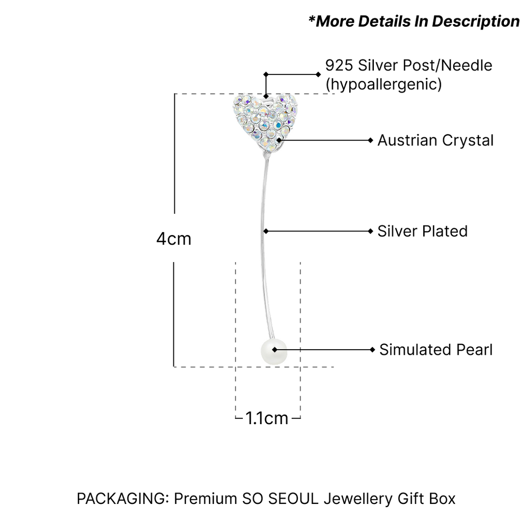 SO SEOUL Amora Love Heart Austrian Crystal with Pearl Drop Mismatched Earring Jackets