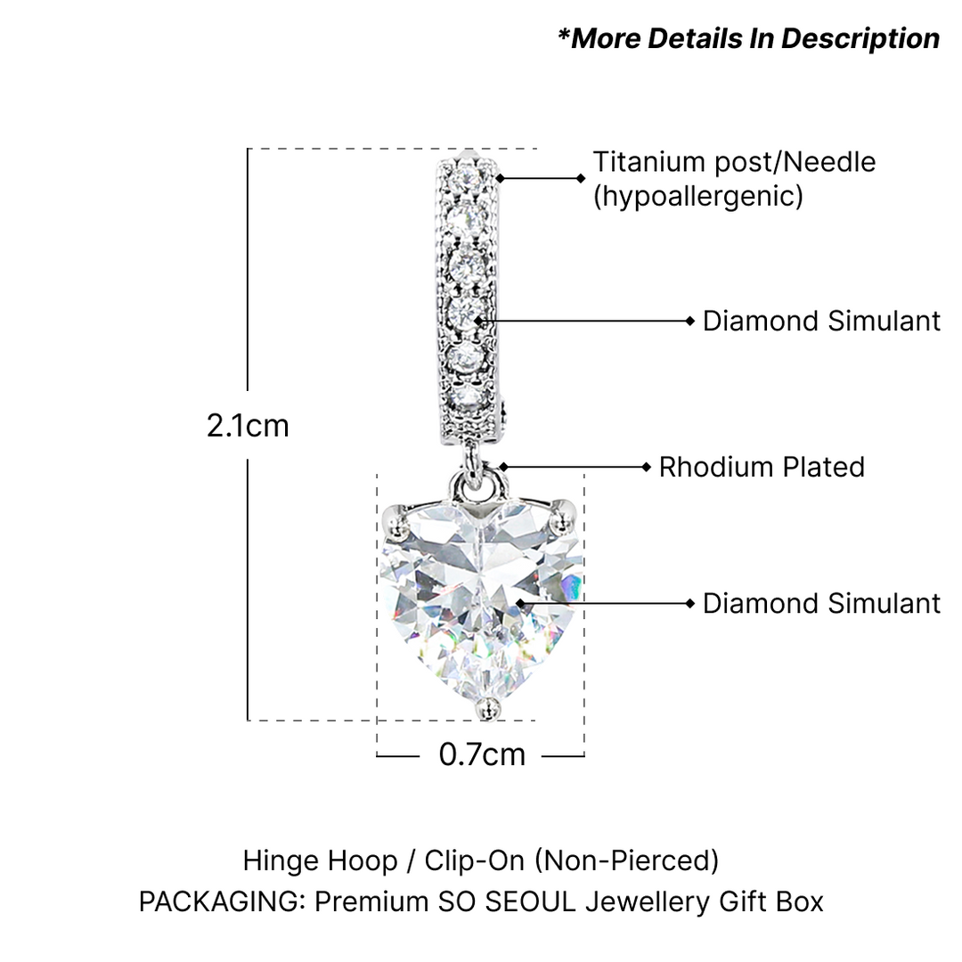 SO SEOUL Harley Huggie Heart-Shaped Diamond Simulant Single Diamante Row Drop Earrings