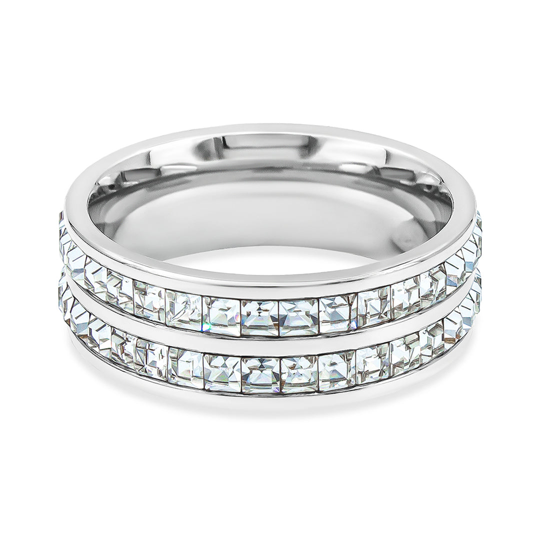 SO SEOUL Allista Classic Double Band Ring with Two Rows of Emerald-Cut Diamond Simulant Cubic Zirconia in Silver or Rose Gold