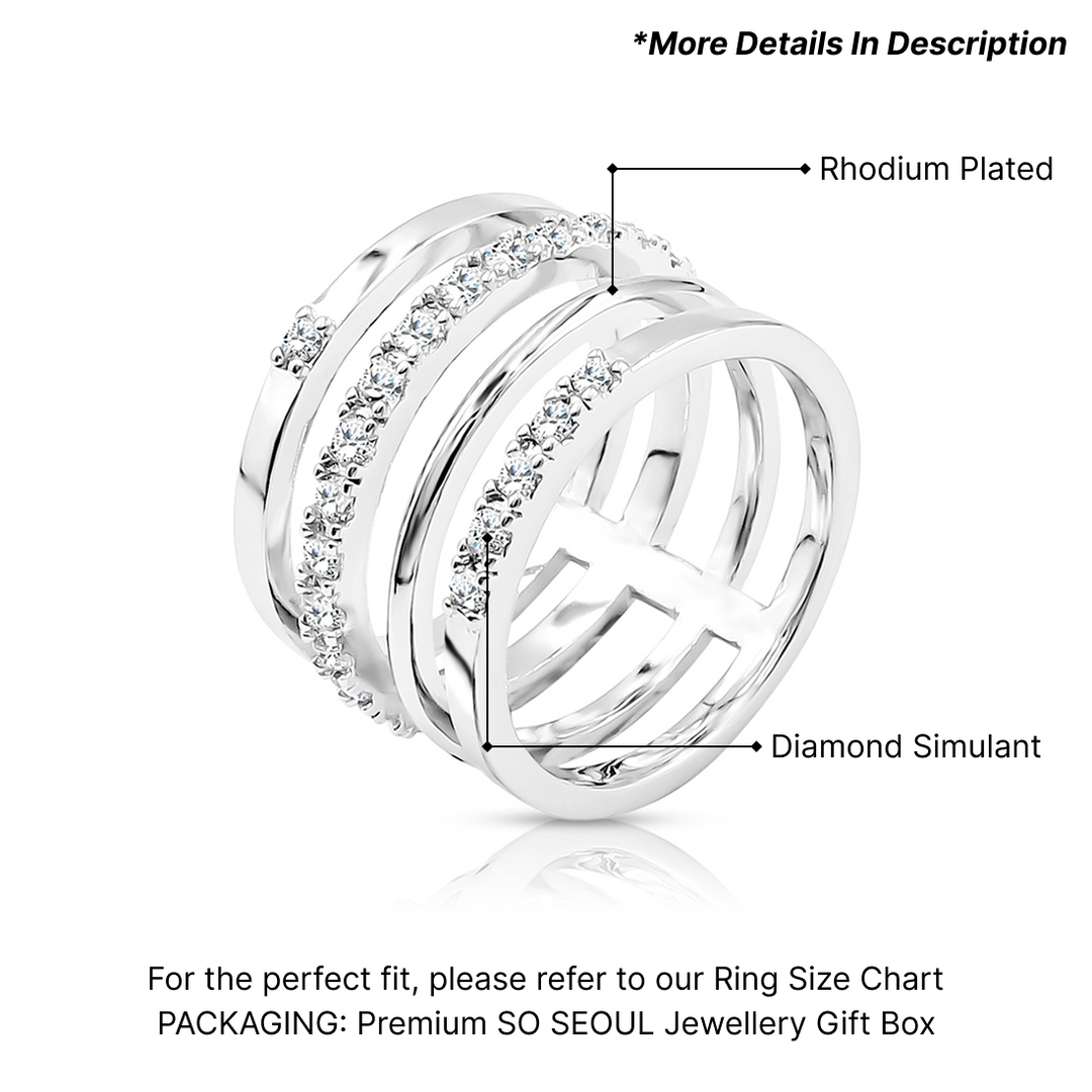 SO SEOUL Bianca Quadruple-Band Silver Ring with Diamante Diamond Simulant Cubic Zirconia Accents