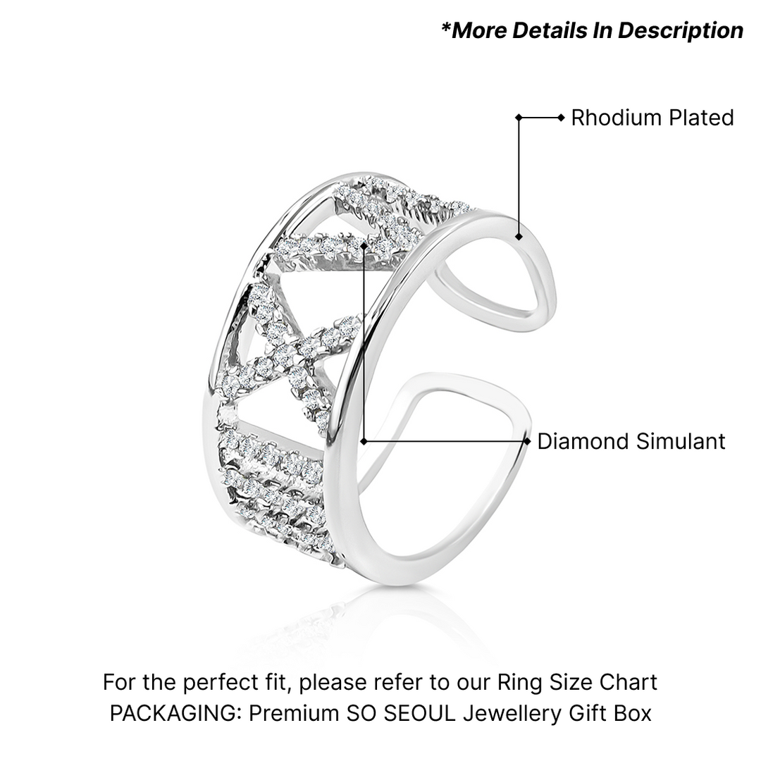 SO SEOUL Roman Numeral Wide Band Encrusted Diamond Simulant Cubic Zirconia Adjustable Open Ring