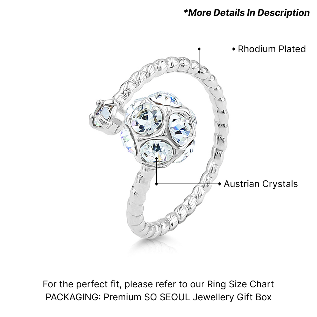 SO SEOUL Sequoia 3D Sphere Round Ball White Austrian Crystal Open Ring