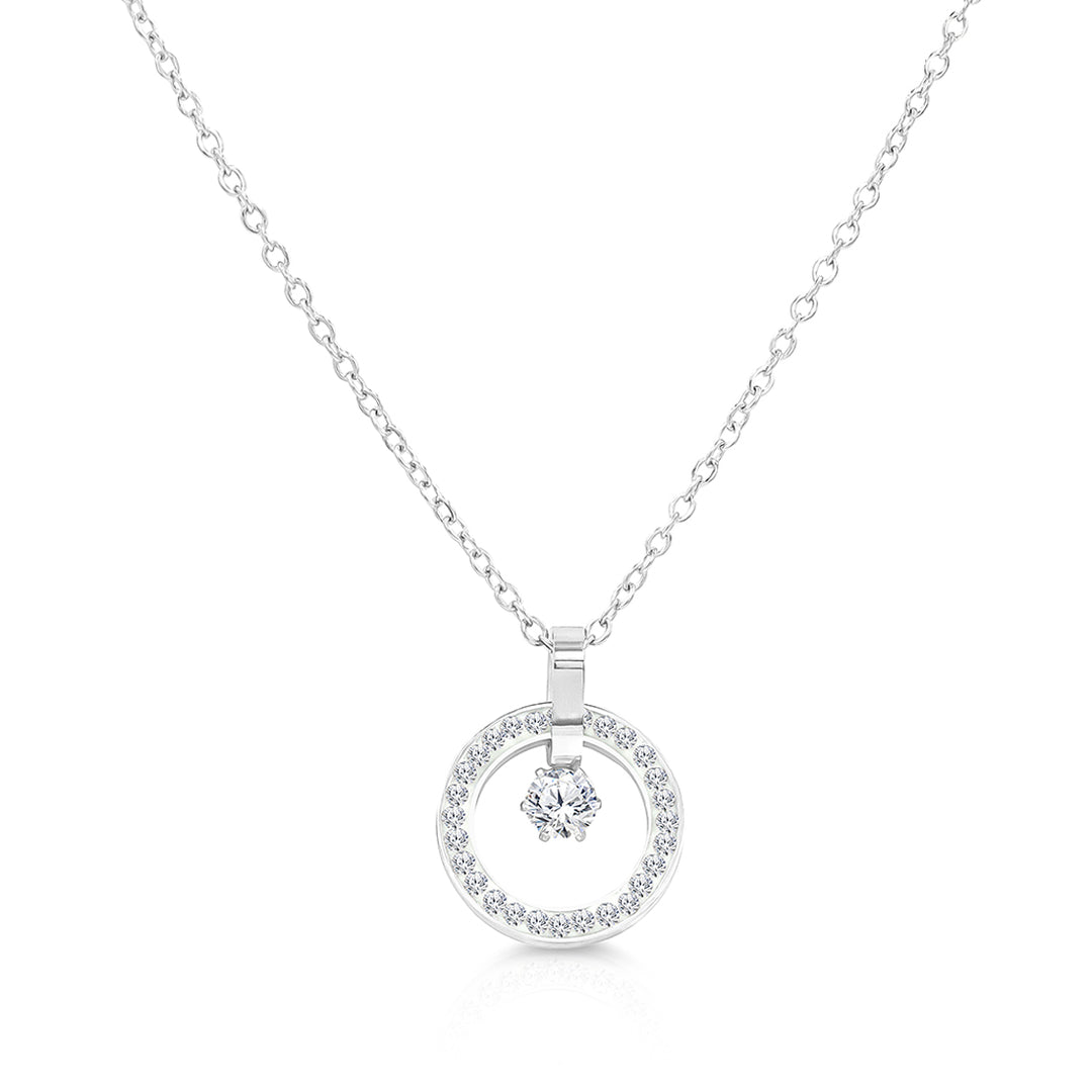 SO SEOUL Halo Circle Pendant Necklace with Dangling Solitaire Diamond Simulant Cubic Zirconia in Silver and Rose Gold