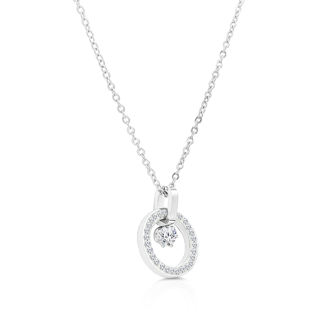 SO SEOUL Halo Circle Pendant Necklace with Dangling Solitaire Diamond Simulant Cubic Zirconia in Silver and Rose Gold