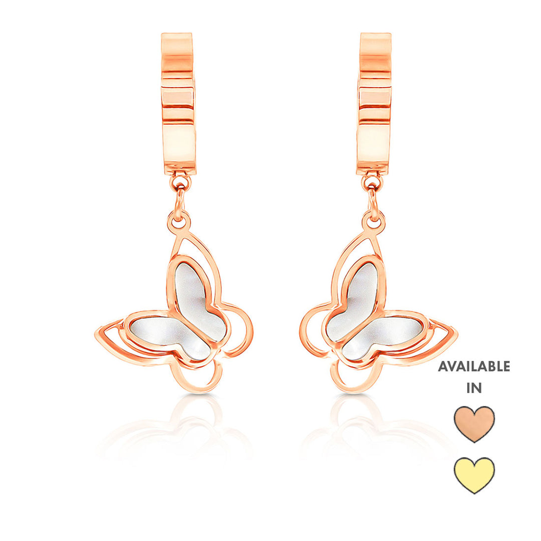 SO SEOUL Caria Flying 3D Butterfly Mother of Pearl Rose Gold/Gold Hoop Earrings