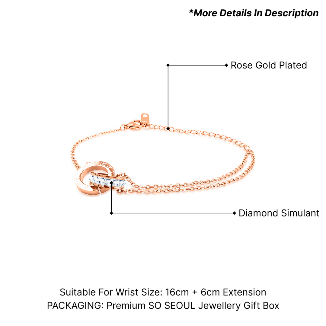 SO SEOUL Roman Numeral Interlocking Bracelet – Rose Gold Full Band CZ Diamond Simulant Circle Charm