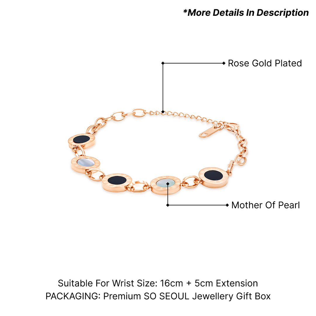 SO SEOUL Valeria Roman Numeral Classic Mother of Pearl and Onyx Rose Gold Bracelet