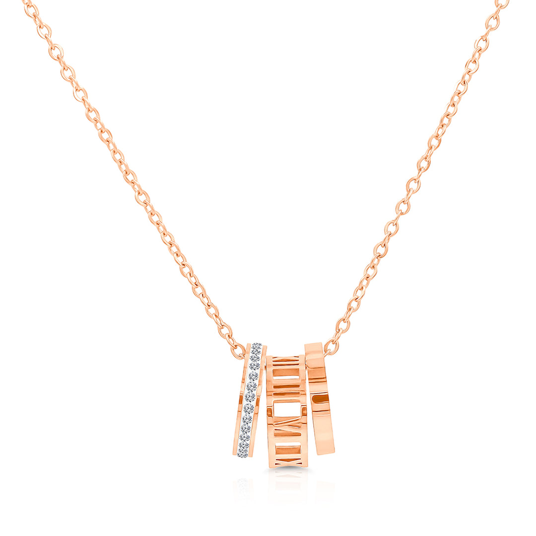 SO SEOUL Valeria Rose Gold Pendant Necklace with Rotating Roman Numeral Barrel and Diamond Simulant Zircon