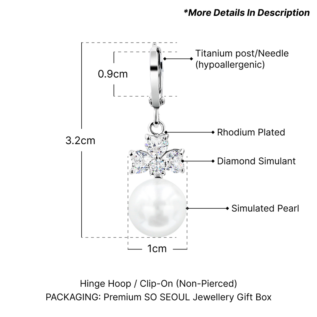 SO SEOUL Alette Clover Earrings - Pearl Drop with Cubic Zirconia Diamond Simulant Hinge Hoops or Clip-On Variants
