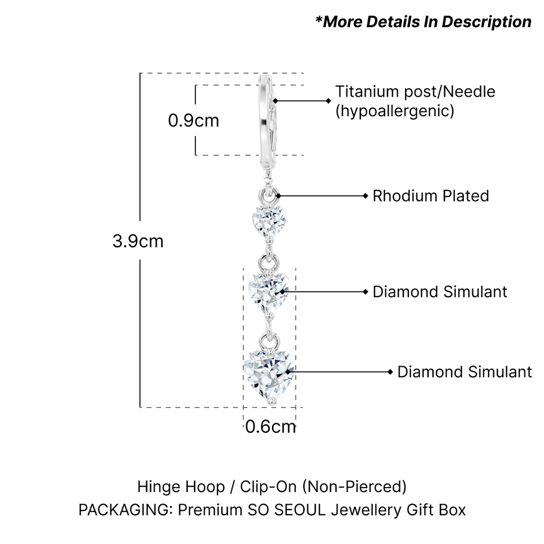 SO SEOUL Amora Cascade - Triple Heart Cubic Zirconia Drop Earrings or Clip-On Earrings