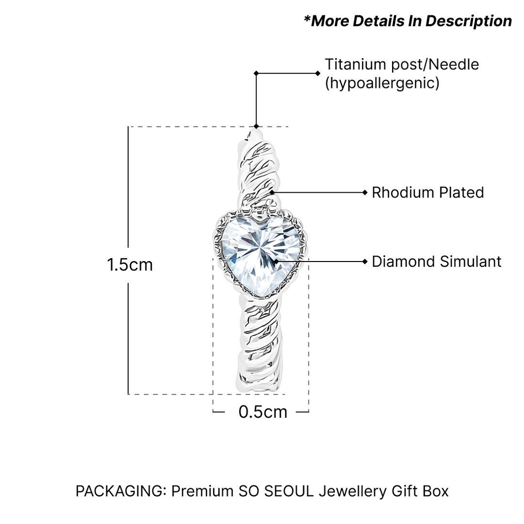 SO SEOUL Harley Huggie Twisted Center with Heart Diamond Simulant Hoop Clip Earrings