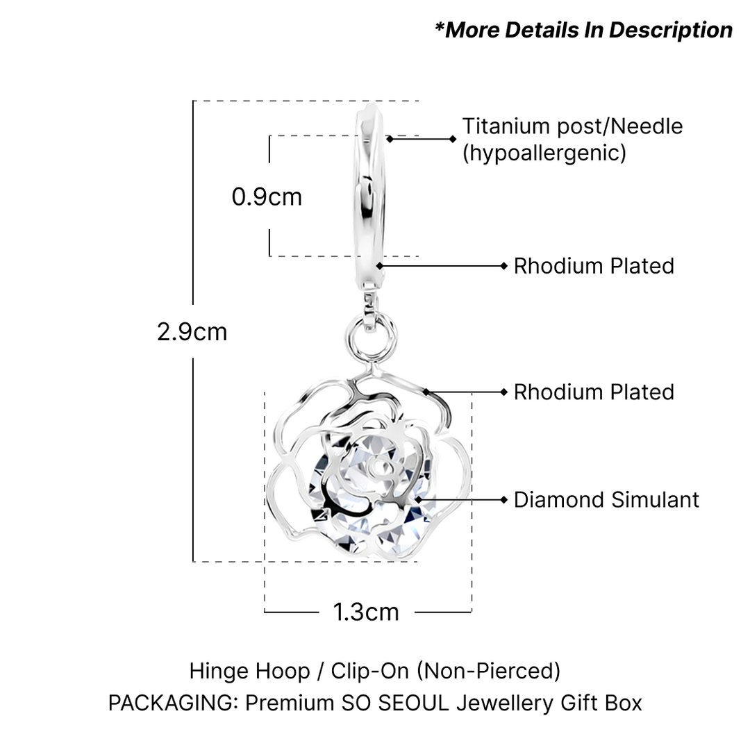 SO SEOUL Camellia Flower Encased Diamond Simulant Zirconia Pendant Necklace and Hoop Earrings Set