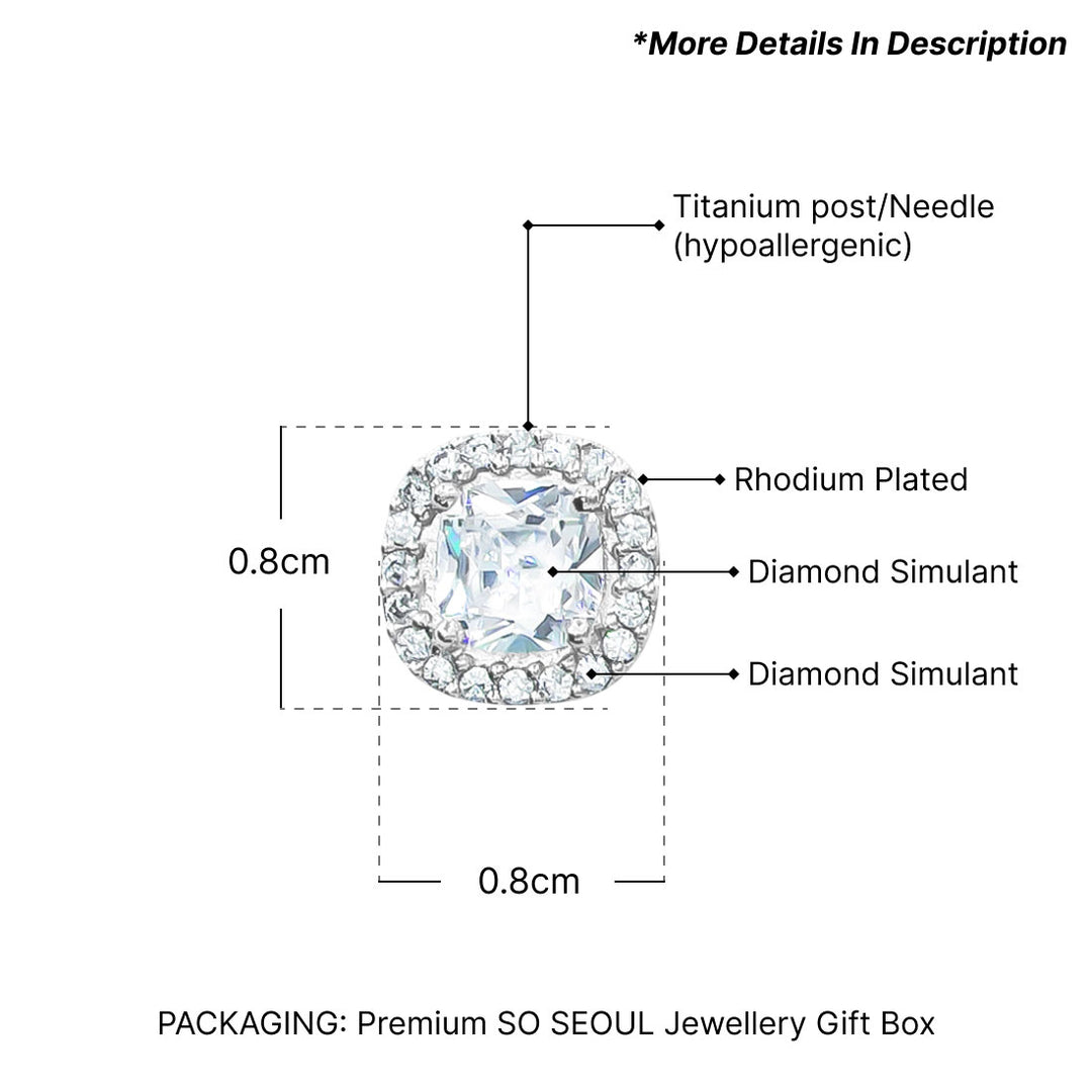 SO SEOUL Halo Cushion Cut Square Shaped Diamond Simulant Cubic Zirconia Pierced Stud Earrings