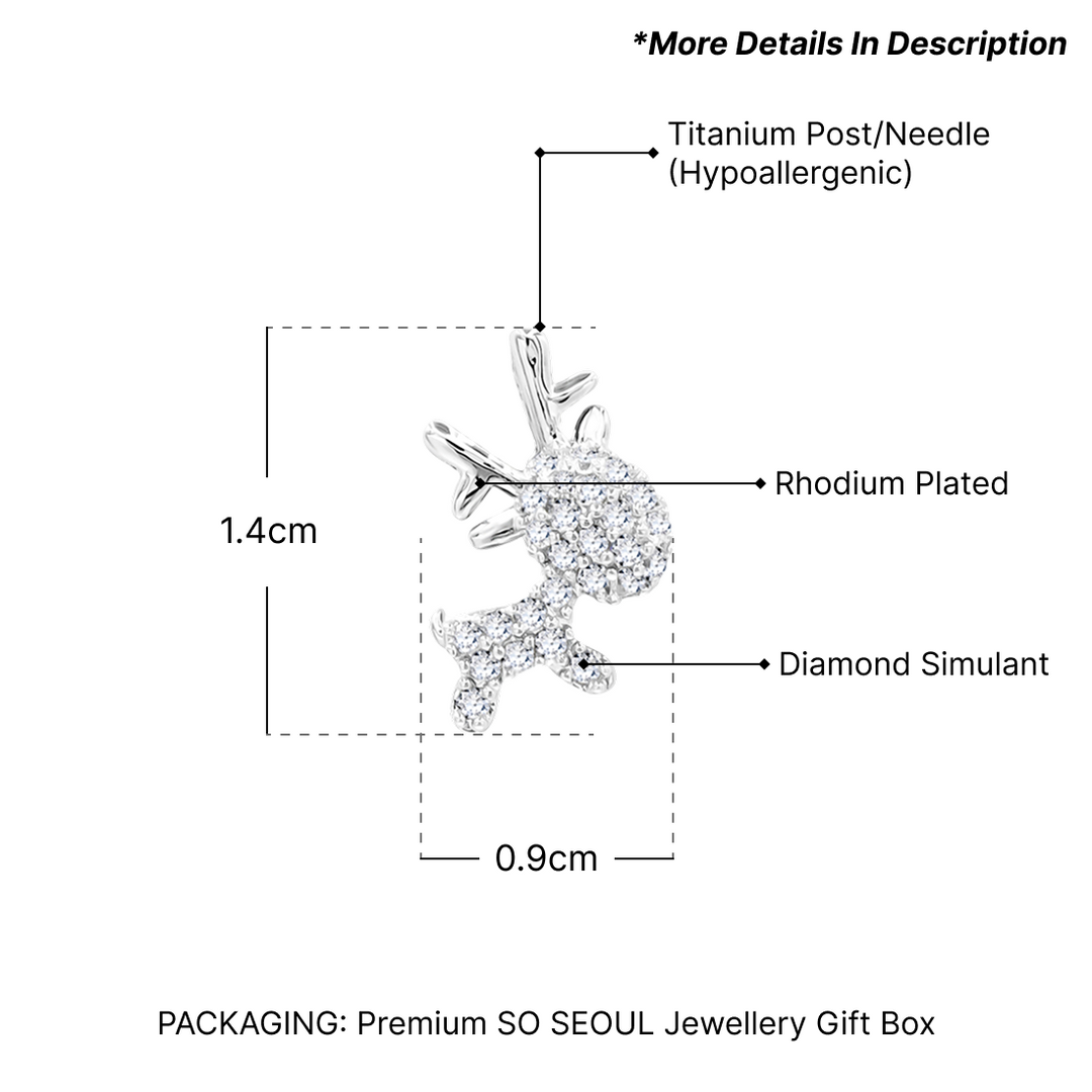 SO SEOUL Let it Snow Xmas Reindeer Diamond Simulant Cubic Zirconia Christmas Pierced Stud Earrings
